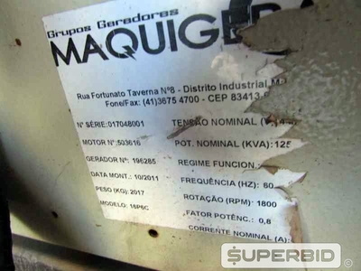 SUCATA DE GRUPO GERADOR Á DIESEL MAQUIGERAL 125 KVA, ANO: 2011. (Ref.: JBF)