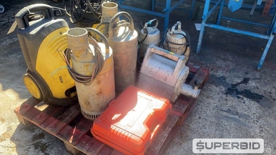 2 LAVADORAS INDUSTRIAIS, 01 TARRACHA MANUAL 1/2" A 2" ROTHENBERGER, 05 BOMBAS SUBMERSIVEIS E 01 MOTOR VIBRADOR 2CV (Ref.: IE)