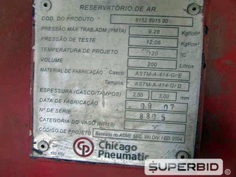 COMPRESSOR ELÉTRICO CHICAGO PNEUMATIC 15 PCM, ANO: 2007, SÉRIE: 8805. (Ref.: JCQ)