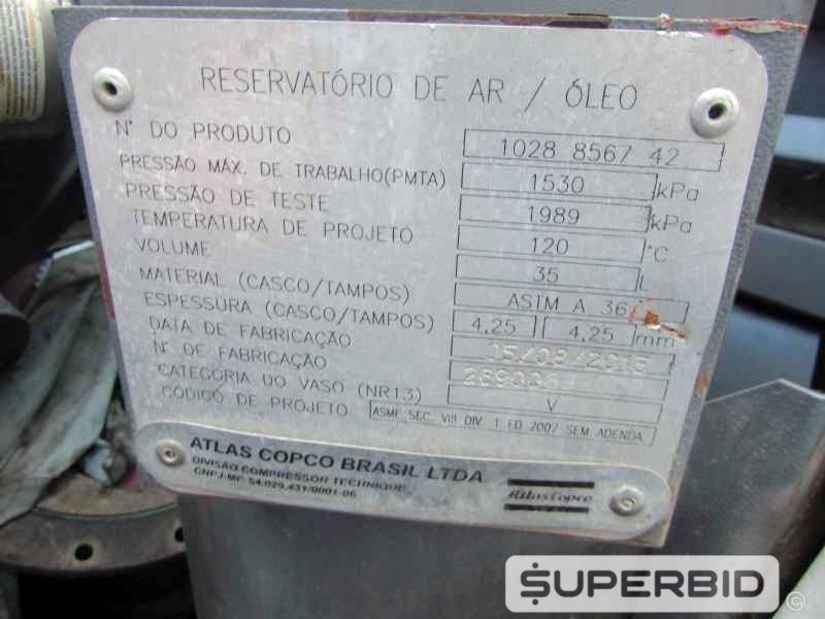 COMPRESSOR DE AR ATLAS COPCO XAS 137 280PCM-7B, ANO: 2013 (Ref.: JBK)