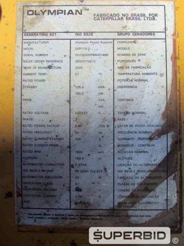 SUCATA DE GRUPO GERADOR Á DIESEL OLYMPIAN GP110-2 125 KVA , ANO: 2009, SÉRIE: OLY00000PB4H01488. (Ref.: JBG)