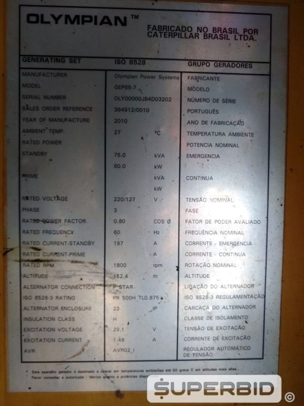 GRUPO GERADOR A DIESEL OLYMPIAN GEP657 SÉRIE:OLY00000JB4D03202 ANO: 2010 70KVA. (Ref.: SG)