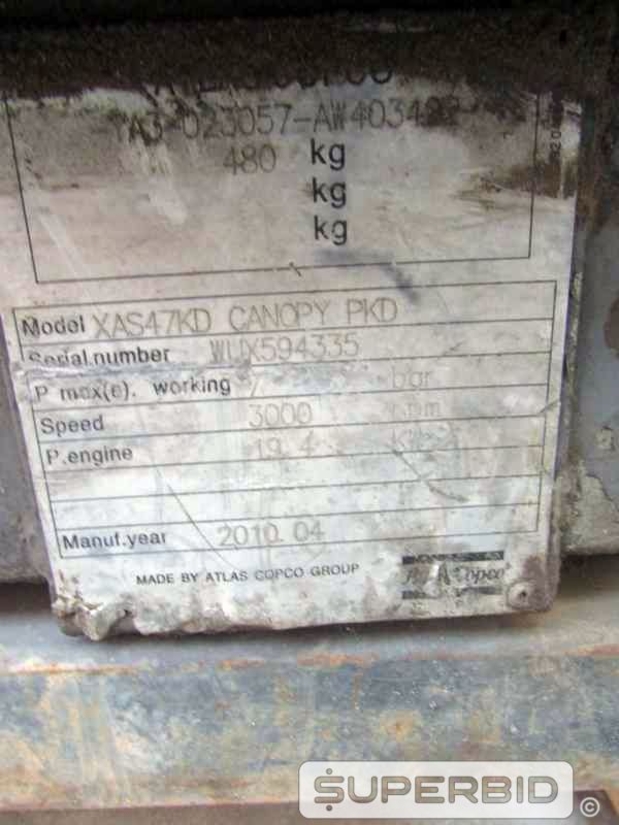 COMPRESSOR DE AR ATLAS COPCO XAS 47 KD CANOPY PKD, ANO: 2010, SÉRIE: WUX594335 (Ref.: JBS)