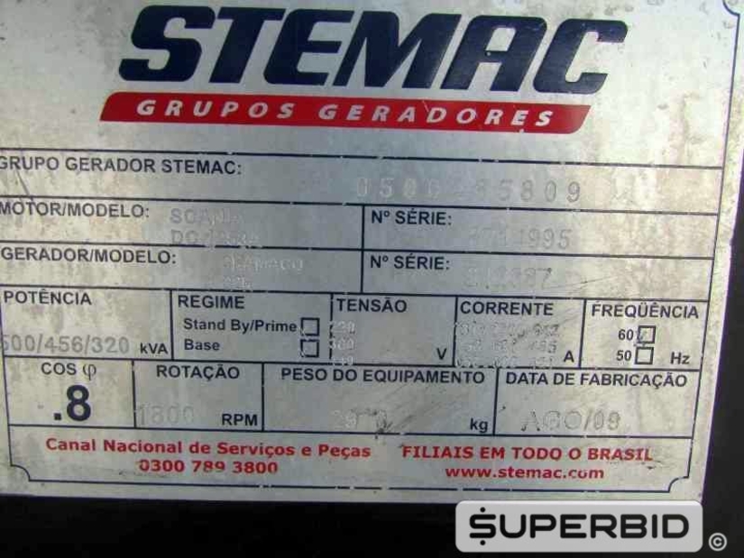 GRUPO GERADOR Á DIESEL STEMAC ST 500 500 KVA, ANO: 2009, SÉRIE: 0593465809. (Ref.: JBI)