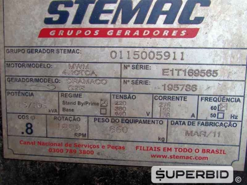 GRUPO GERADOR Á DIESEL STEMAC ST115 100 KVA, ANO: 2011, SÉRIE: 0115005911. (Ref.: JAD)