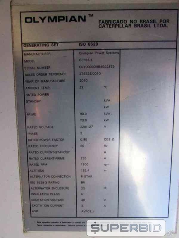 GRUPO GERADOR Á DIESEL OLYMPIAN GEP88-1 100 KVA, ANO: 2010, SÉRIE: OLY00000HB4502679 (Ref.: JBH)