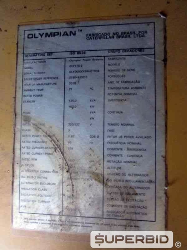 GRUPO GERADOR Á DIESEL OLYMPIAN GEP110-2 125 KVA, ANO: 2010. (Ref.: JBD)
